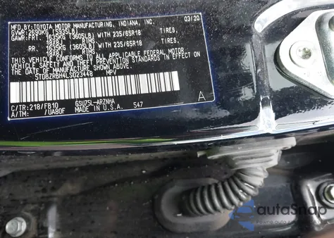 2020 Toyota Highlander Le из США, поврежденный, VIN 5TDBZRBH4LS023448